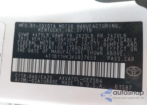 2019 Toyota Camry Se из США, поврежденный, VIN 4T1B11HK3KU827659